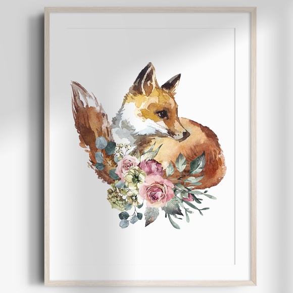 Watercolor Floral Red Fox Portrait Wall Art Illustration Print Poster Unframed - Picture 1 of 17
